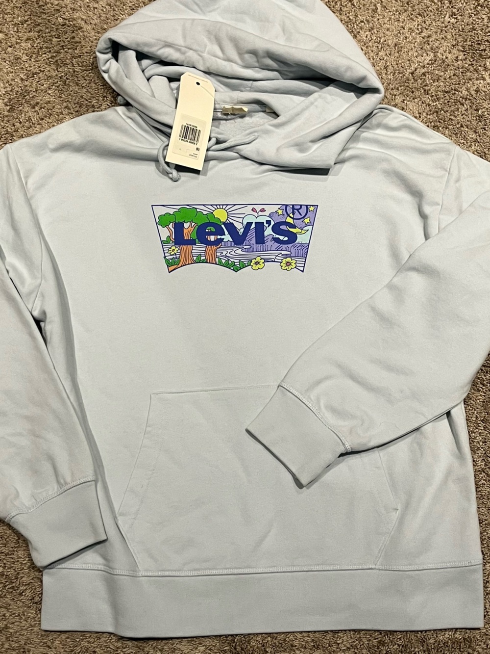 Levi's Light Blue Hooded Sweatshirt with Colorful Retro Graphic